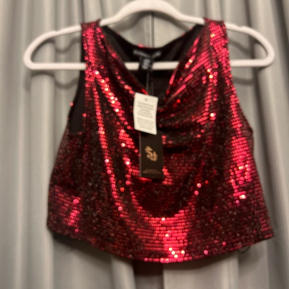 Sincerely Jules Hot Pink & Black Sequin Sparkle Cowl Neck Crop Top—Size M NWT 86 - Picture 2 of 9